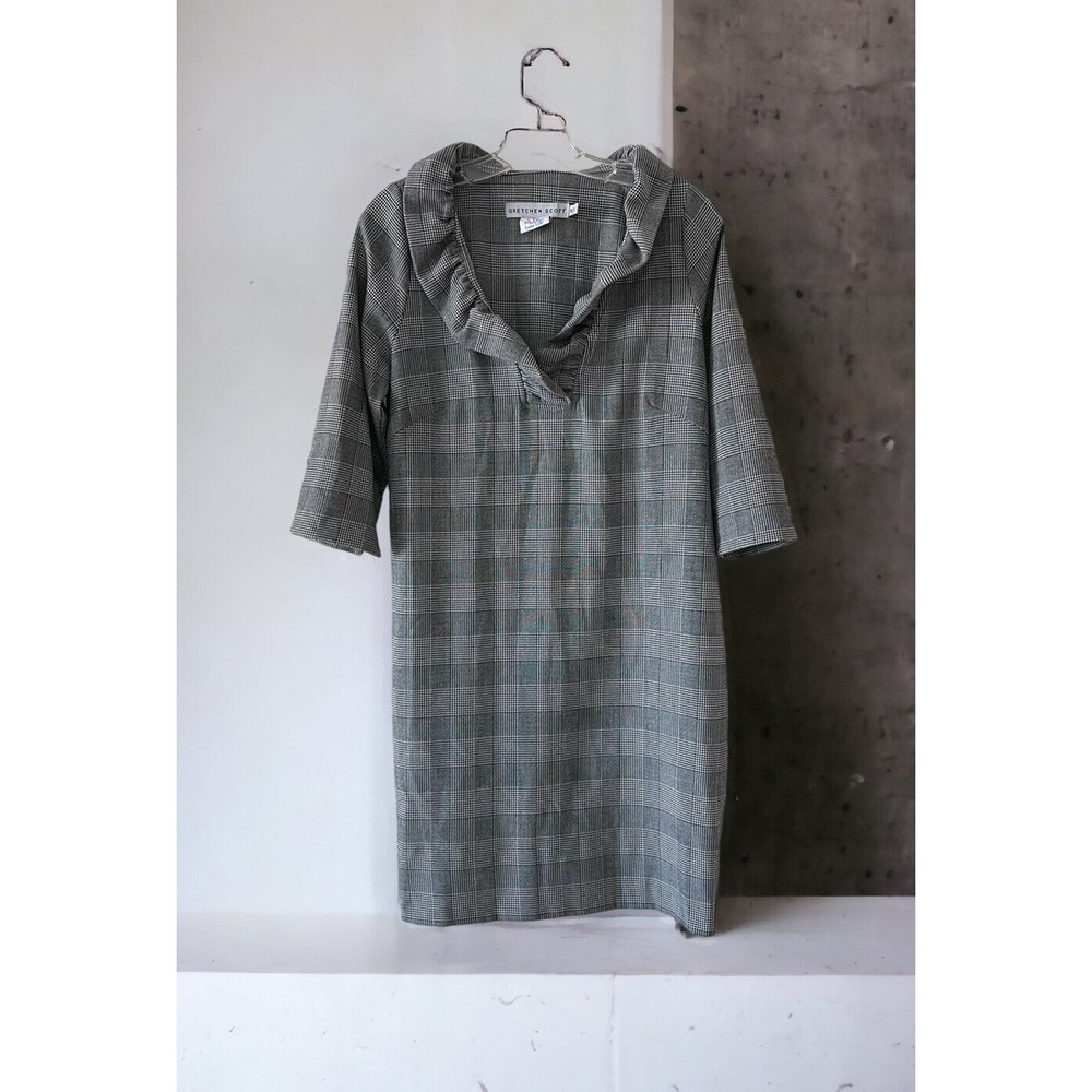 Gretchen Scott Wall Street Ruffle Neck Black & White Plaid Work Dress Sz M